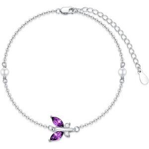 Amethyst Purple 925 Silver Butterfly Link Adjustable Bracelet w/ Birthstone
